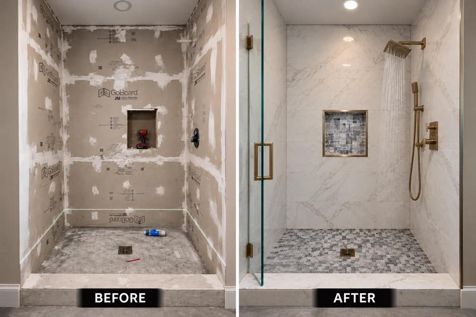 Final shower before-and-after comparison: backer-board preparation on the left, tiled shower with glass enclosure and gold-tone fixtures on the right